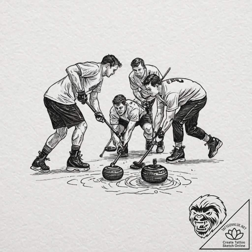 A shot of a curling team sweeping the ice., a... - tattoo sketch (№1753106993_0, 21.07.2025 14:09) — tattoovalue.net