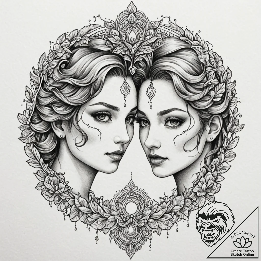 Tattoo sketch gemini faces in detailed dotwor... - tattoo sketch (№1753107435_0, 21.07.2025 14:17) — tattoovalue.net