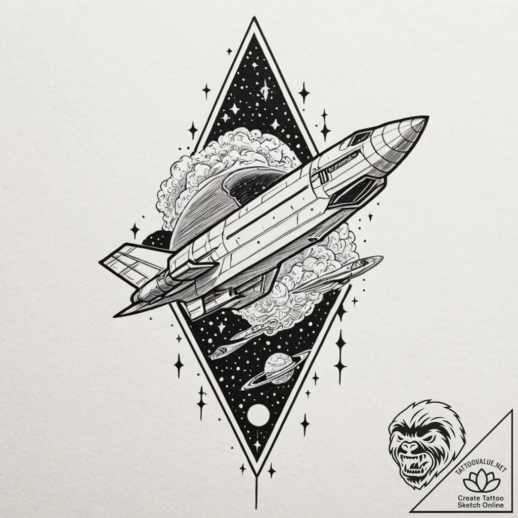 Tattoo design a retro pixelated spaceship fly... - tattoo sketch (№1753109471_0, 21.07.2025 14:51) — tattoovalue.net