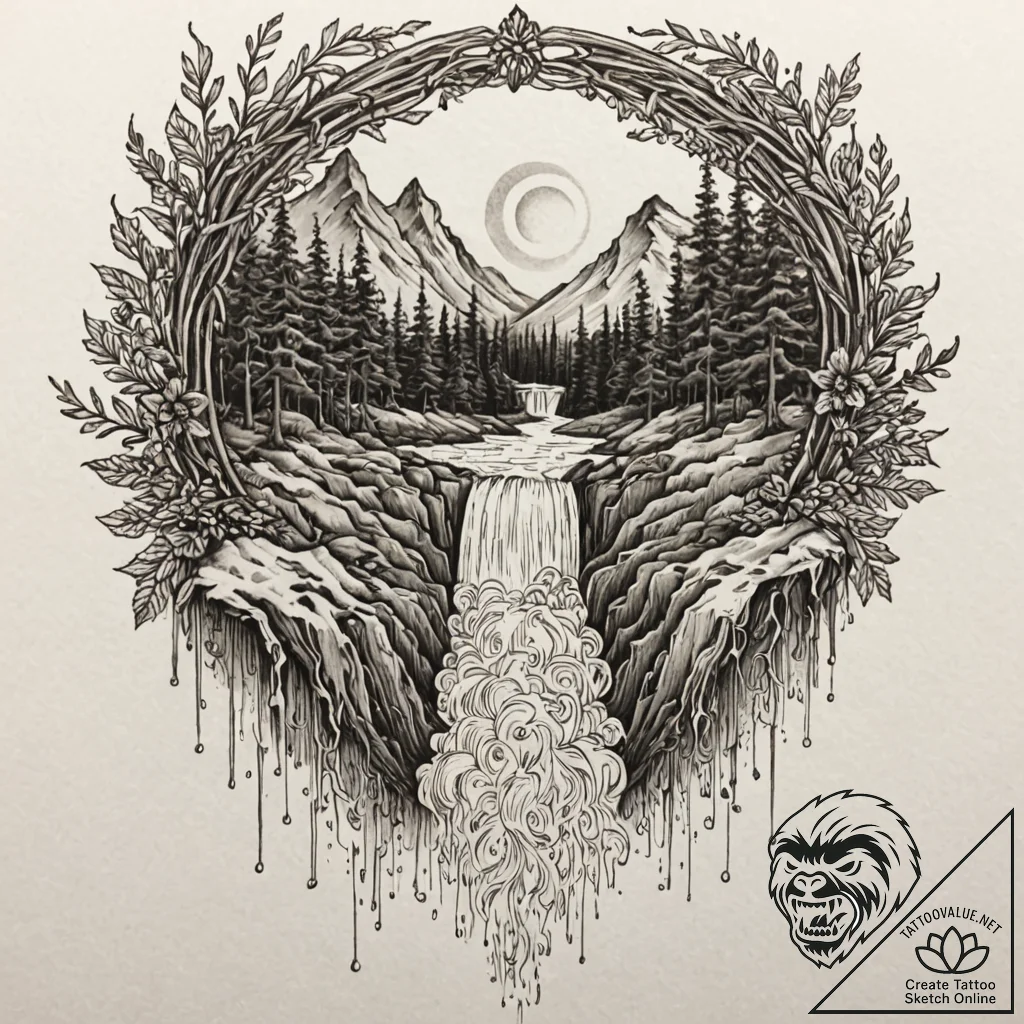 Tattoo design a powerful waterfall, constant... - tattoo sketch (№1753109725_0, 21.07.2025 14:55) — tattoovalue.net