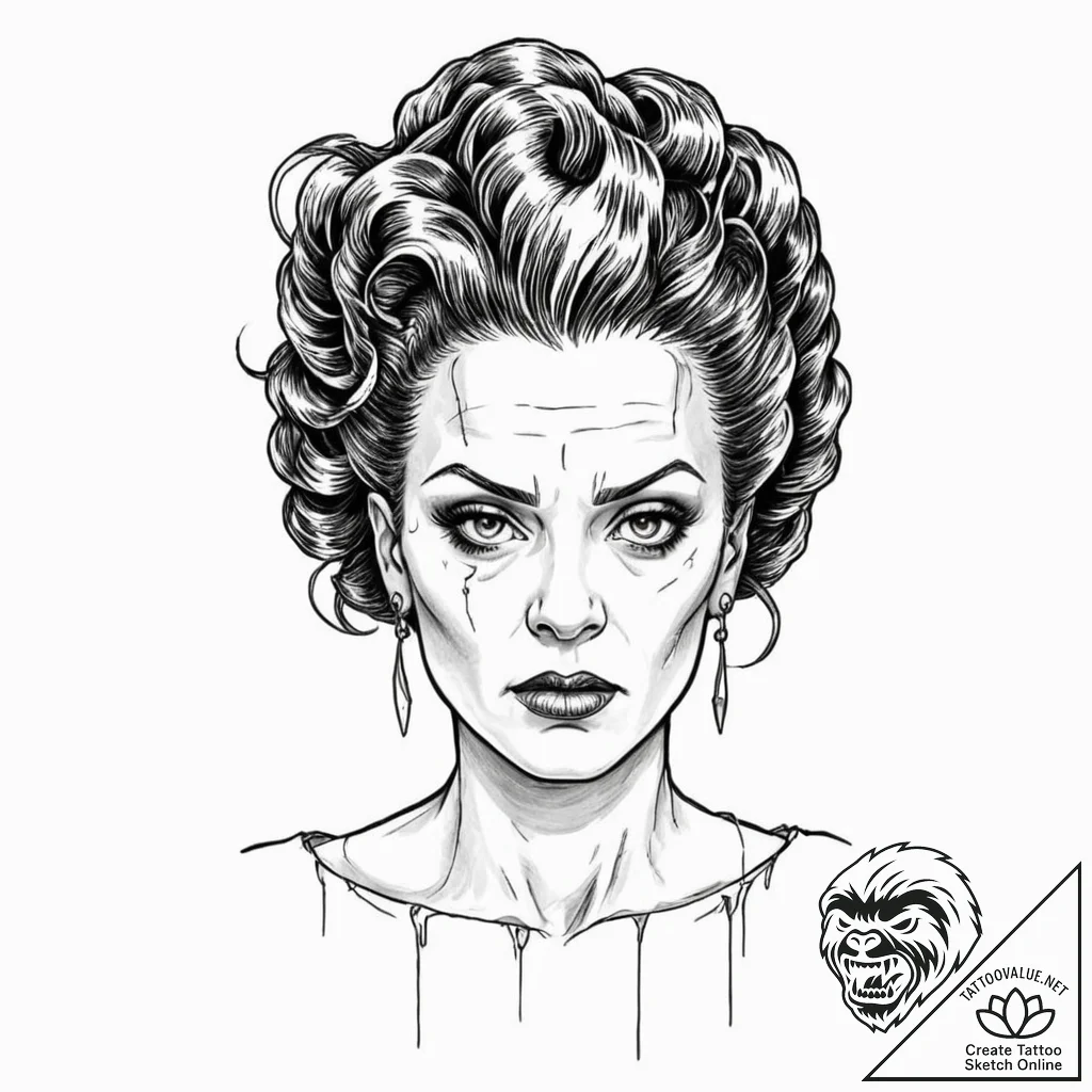 A linework tattoo of the bride of frankenstei... - tattoo sketch (№1753112180_0, 21.07.2025 15:36) — tattoovalue.net
