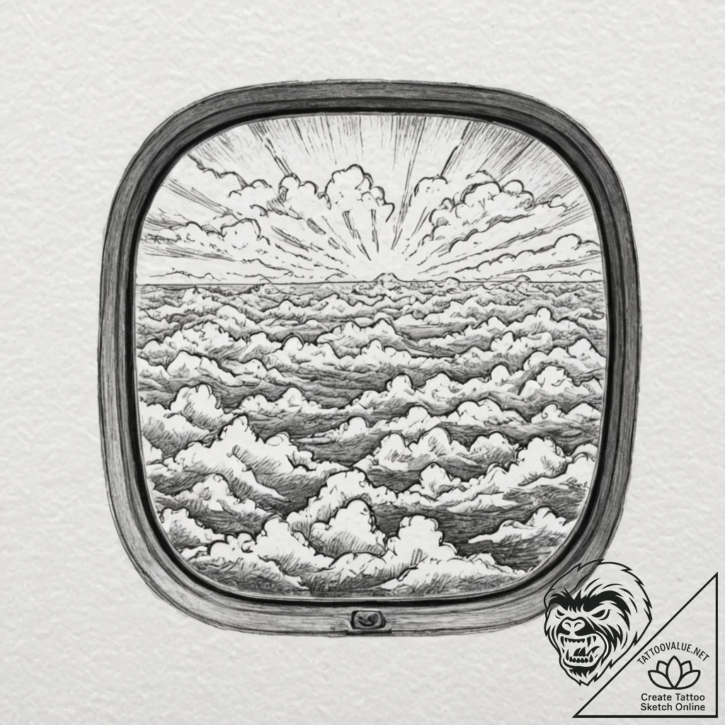 A view from a window seat of an airplane, loo... - tattoo sketch (№1753112857_0, 21.07.2025 15:47) — tattoovalue.net