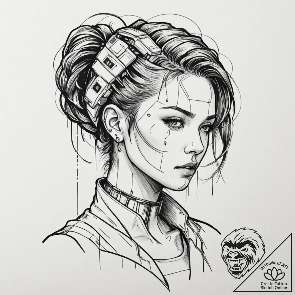 Cyberpunk, tattoo sketch design, black outlin... - tattoo sketch (№1753114212_0, 21.07.2025 16:10) — tattoovalue.net