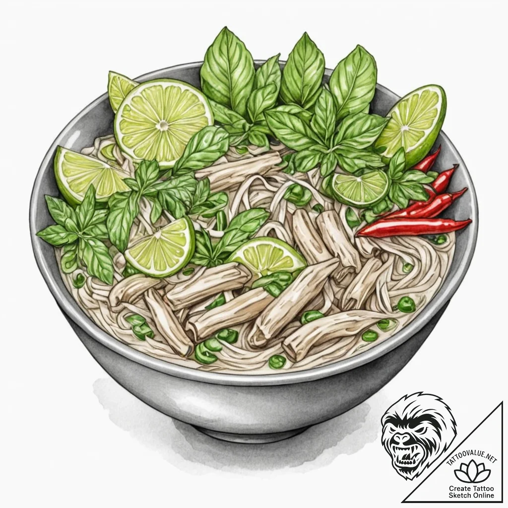 A vibrant bowl of pho, with fresh herbs, lime... - tattoo sketch (№1753114381_0, 21.07.2025 16:13) — tattoovalue.net