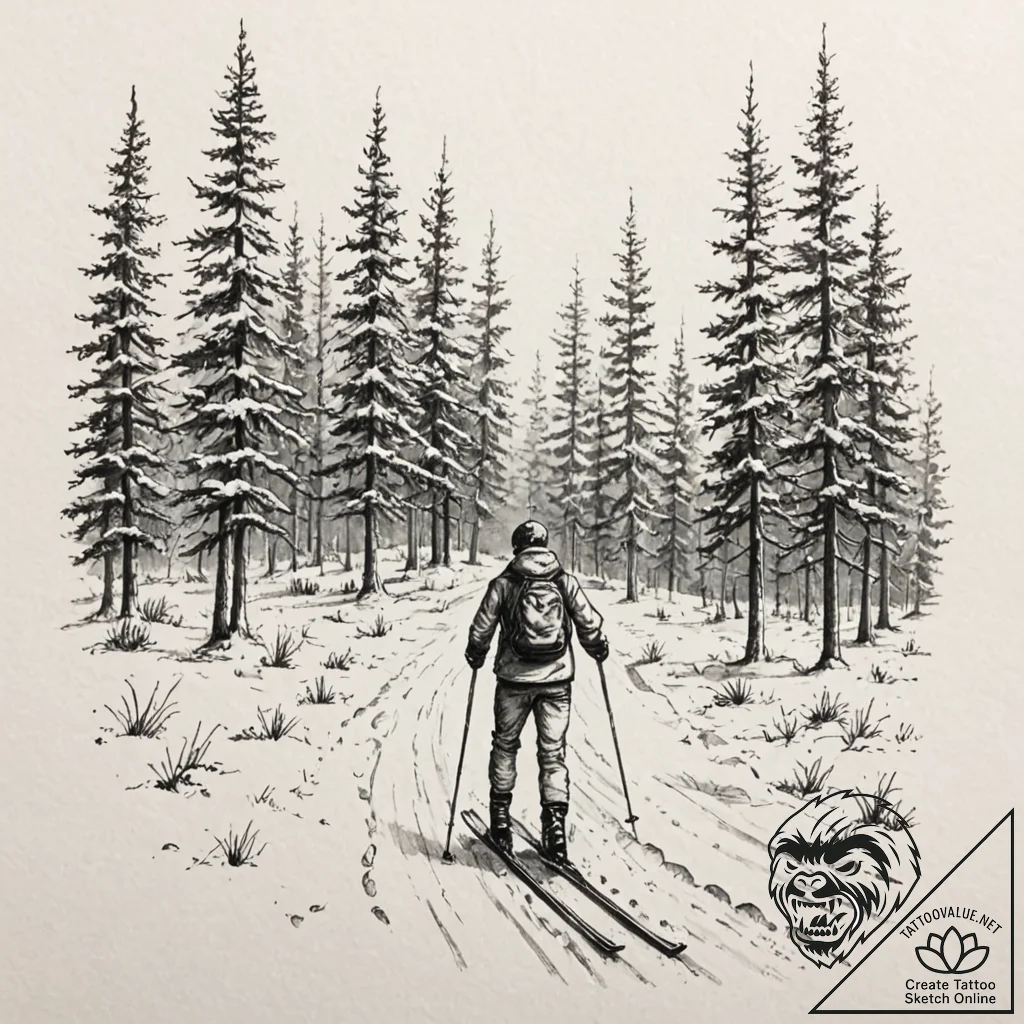 A person cross-country skiing through a silen... - tattoo sketch (№1753114802_0, 21.07.2025 16:20) — tattoovalue.net