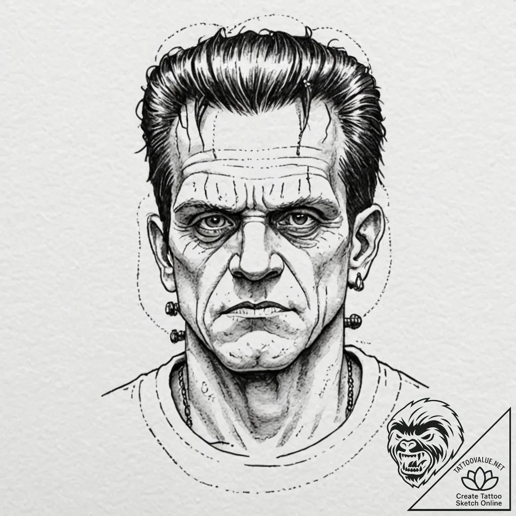 A neo-traditional tattoo portrait of frankens... - tattoo sketch (№1753116490_0, 21.07.2025 16:48) — tattoovalue.net