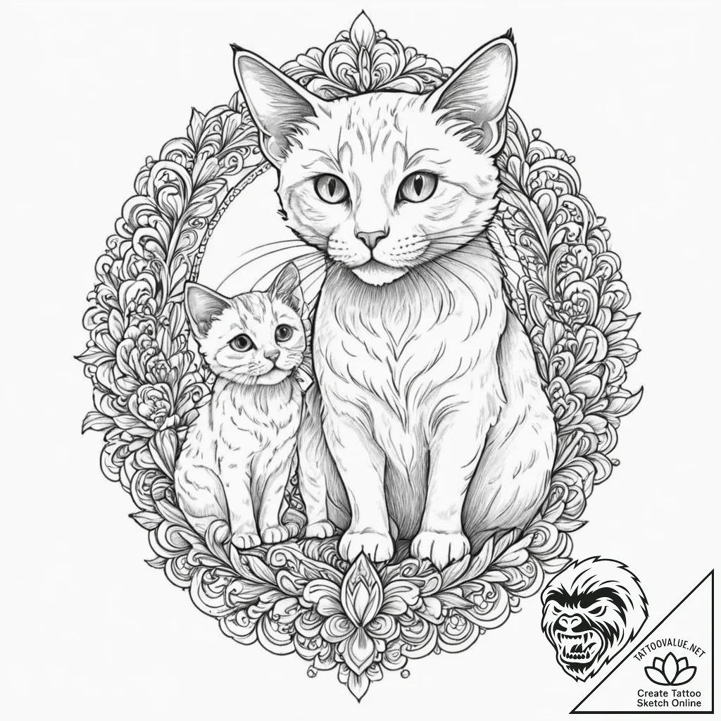 Tattoo design a mother cat with her kittens,... - tattoo sketch (№1753118519_0, 21.07.2025 17:21) — tattoovalue.net
