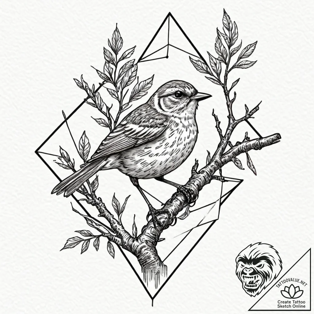 Tattoo sketch a stylized songbird perched on... - tattoo sketch (№1753118688_0, 21.07.2025 17:24) — tattoovalue.net