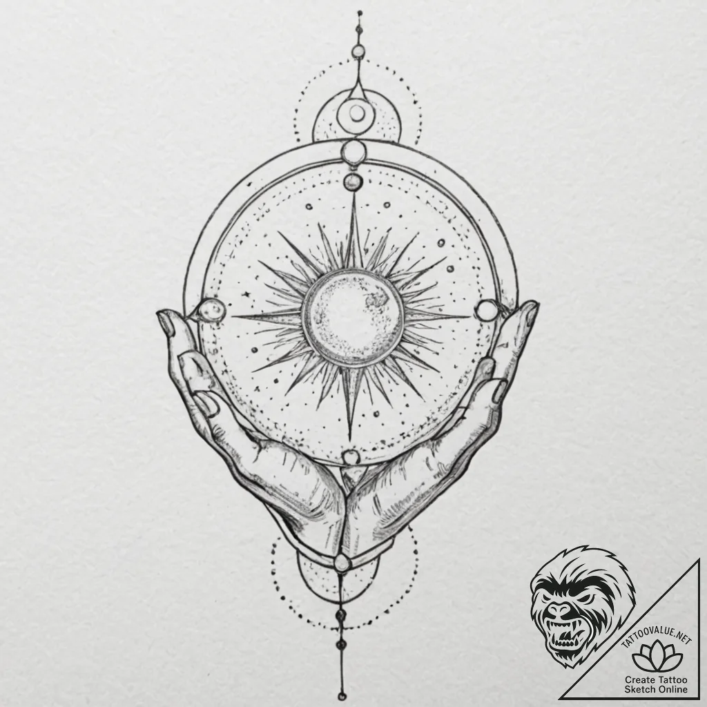 Tattoo sketch a celestial body being held by... - tattoo sketch (№1753119706_0, 21.07.2025 17:41) — tattoovalue.net