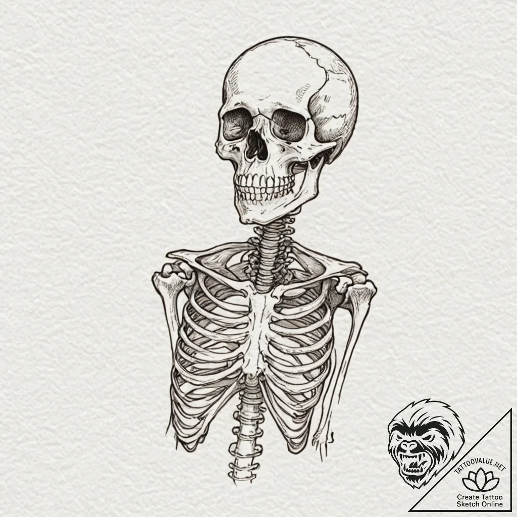 Skeleton, tattoo drawing outline, sepia tone... - tattoo sketch (№1753119960_0, 21.07.2025 17:46) — tattoovalue.net