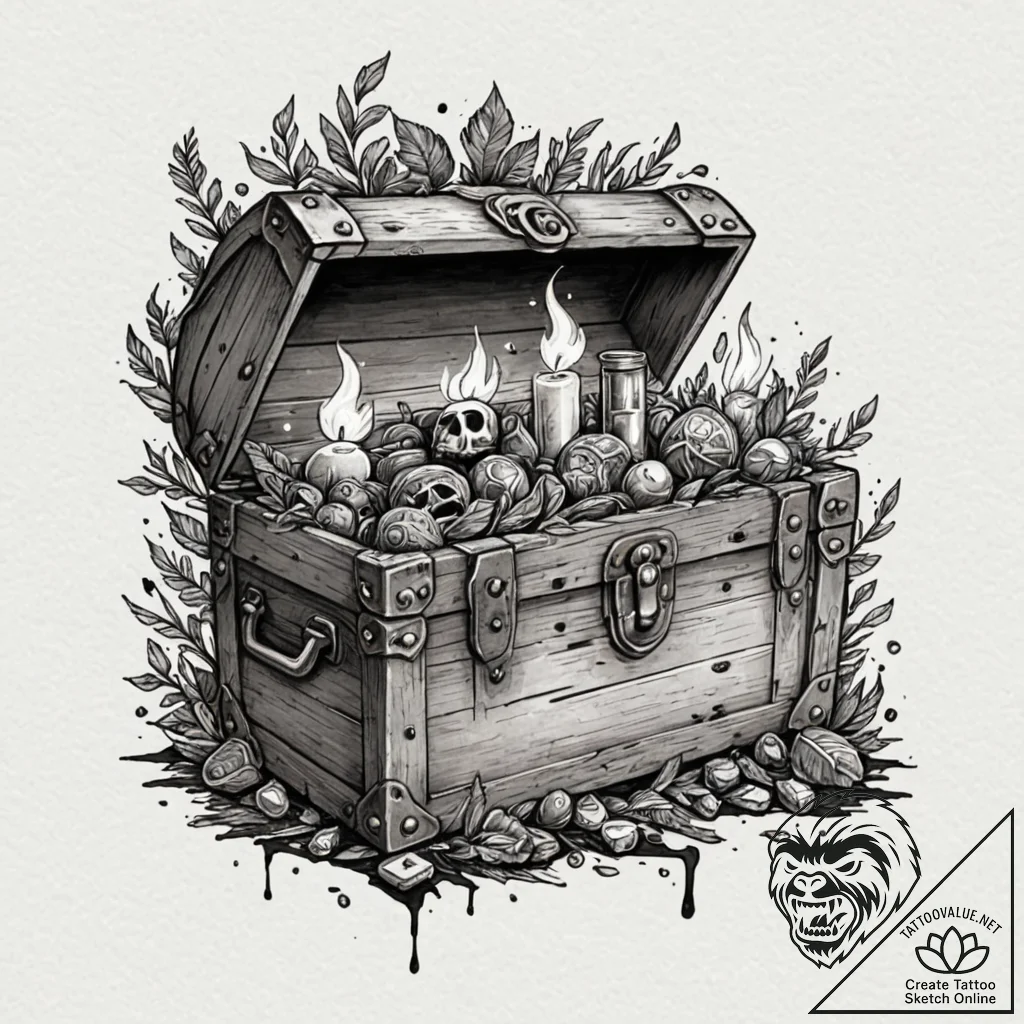 Tattoo sketch a stylized "epic loot" chest ov... - tattoo sketch (№1753120291_0, 21.07.2025 17:51) — tattoovalue.net