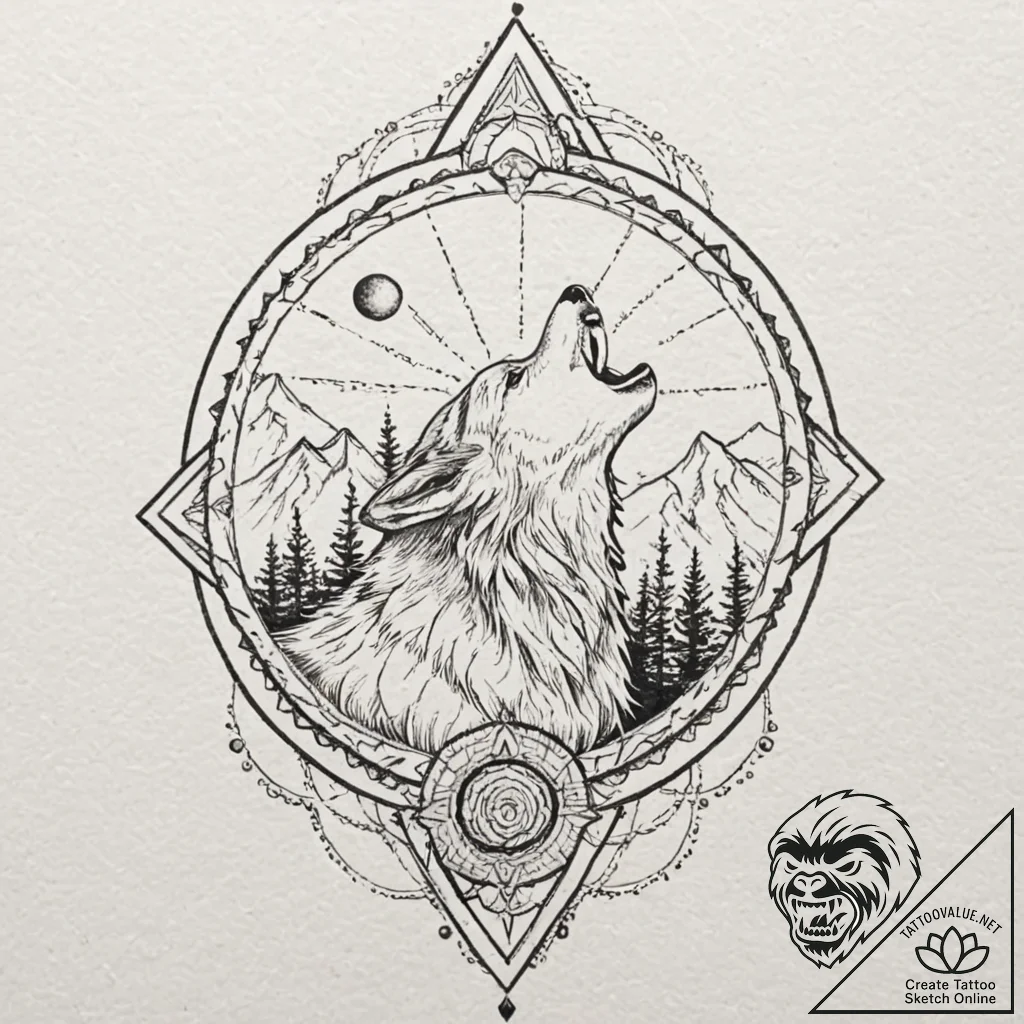 Tattoo design a wolf howling victoriously on... - tattoo sketch (№1753120623_0, 21.07.2025 17:57) — tattoovalue.net