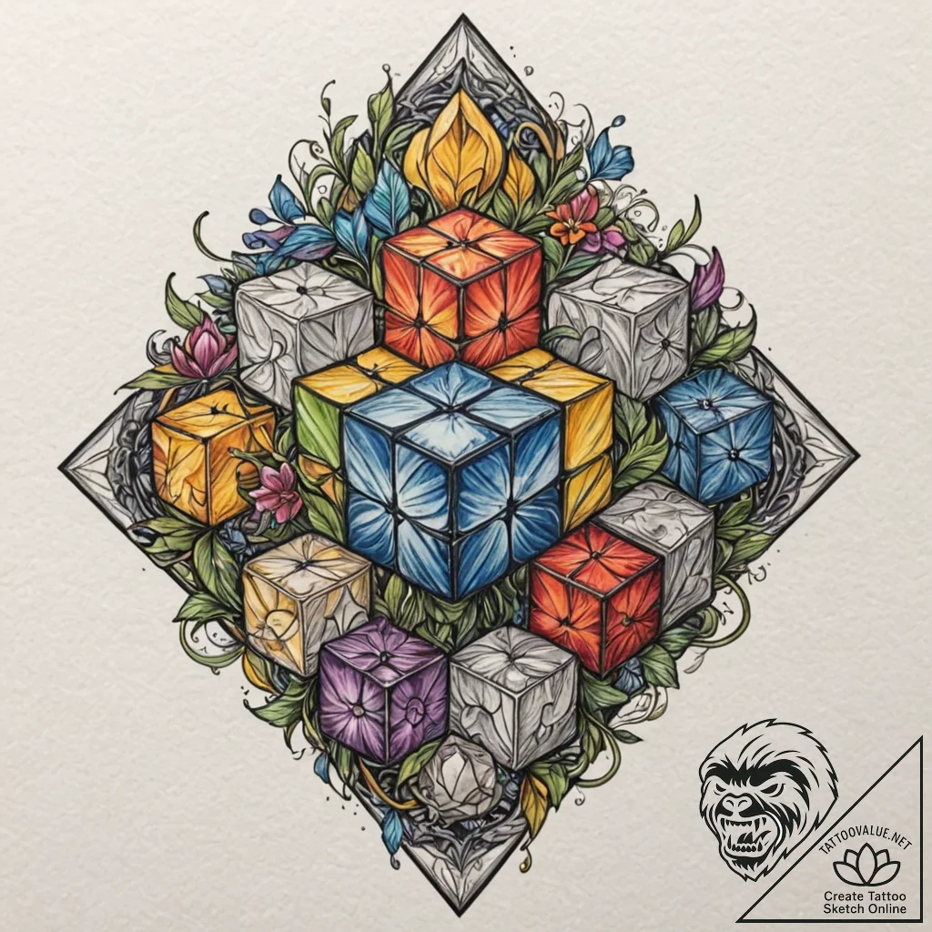 Cubes, concept art for tattoo, on a clean whi... - tattoo sketch (№1753120789_0, 21.07.2025 17:59) — tattoovalue.net