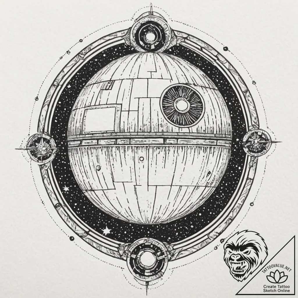 Dotwork tattoo design of the death star, intr... - tattoo sketch (№1753122027_0, 21.07.2025 18:20) — tattoovalue.net