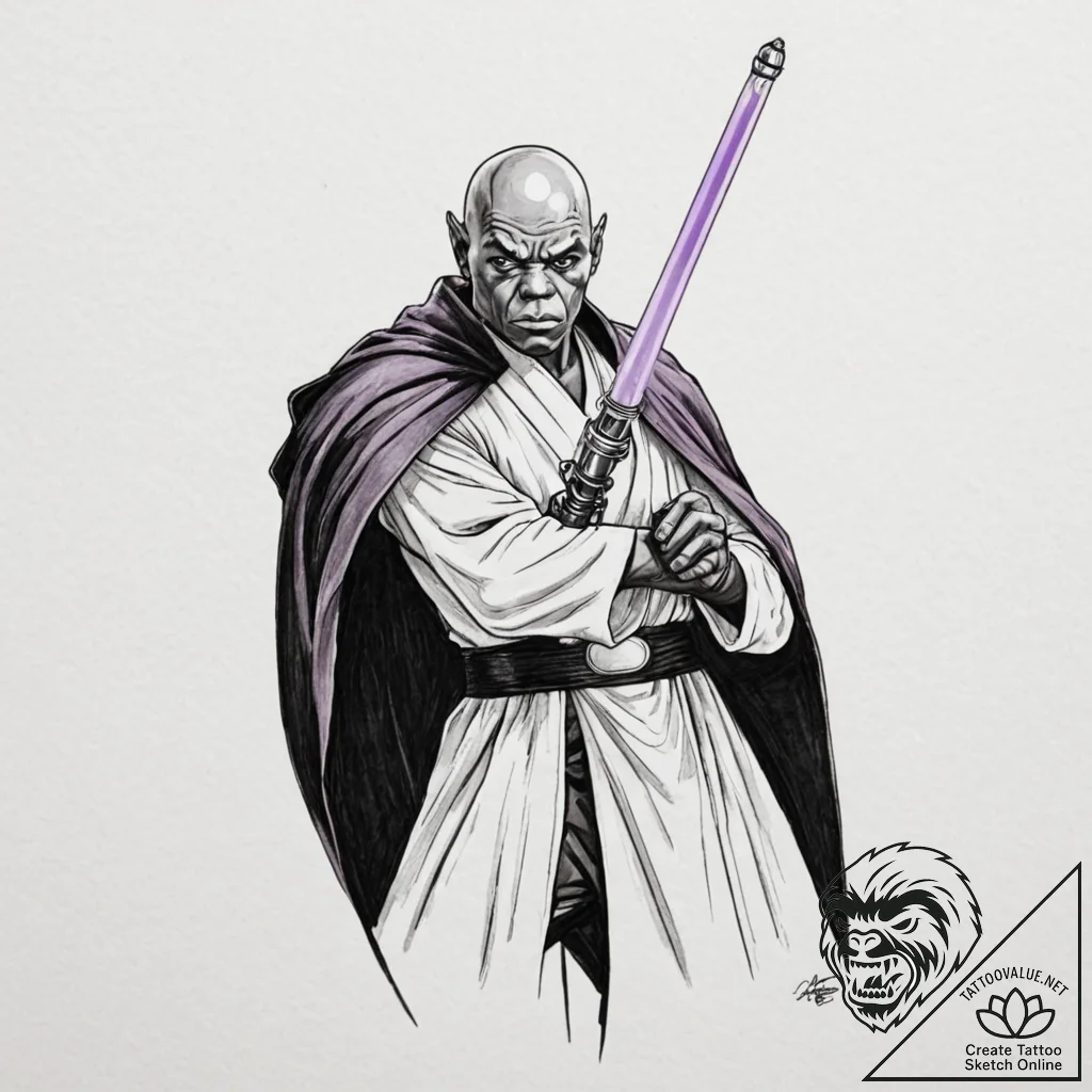 Graphic novel art of mace windu with his purp... - tattoo sketch (№1753123686_0, 21.07.2025 18:48) — tattoovalue.net