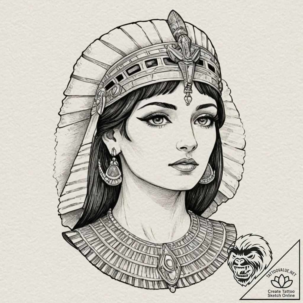 Cleopatra, artistic tattoo sketch, on a clean... - tattoo sketch (№1753125121_0, 21.07.2025 19:12) — tattoovalue.net