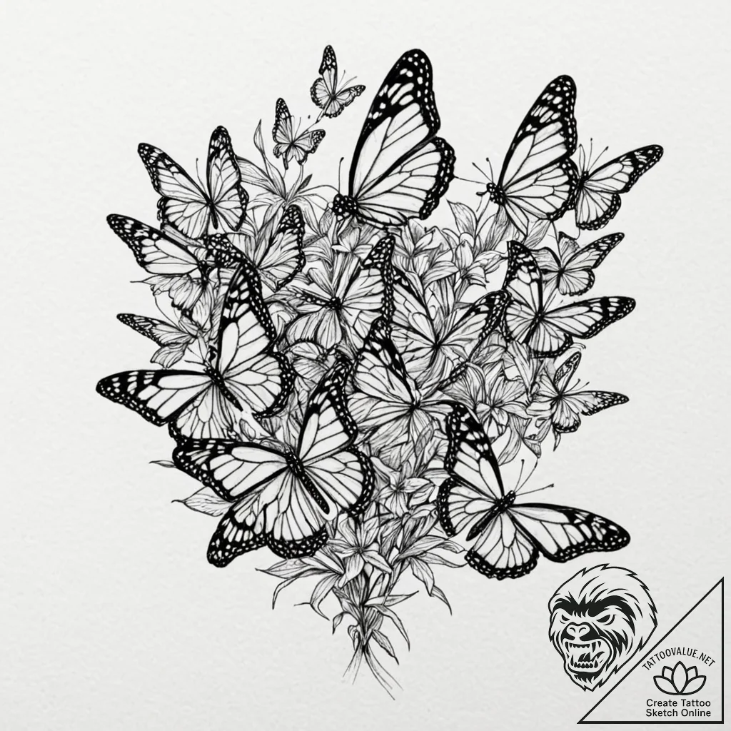 A swarm of monarch butterflies migrating., ta... - tattoo sketch (№1753125291_0, 21.07.2025 19:14) — tattoovalue.net