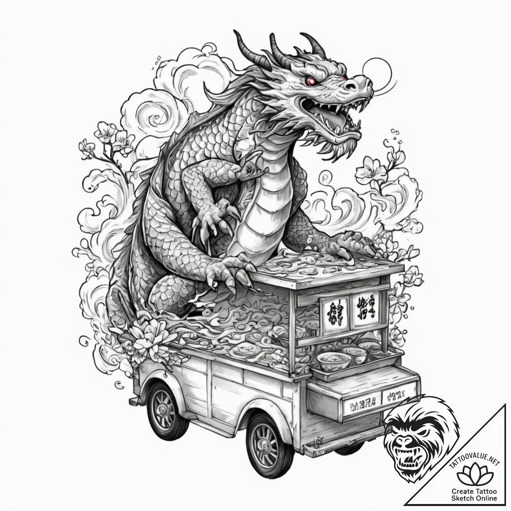 A street food vendor serving noodles from a c... - tattoo sketch (№1753126310_0, 21.07.2025 19:31) — tattoovalue.net
