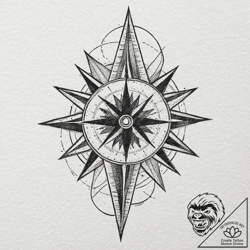 Wind rose, tattoo flash sheet design, muted c... - tattoo sketch (№1753127327_0, 21.07.2025 19:48) — tattoovalue.net
