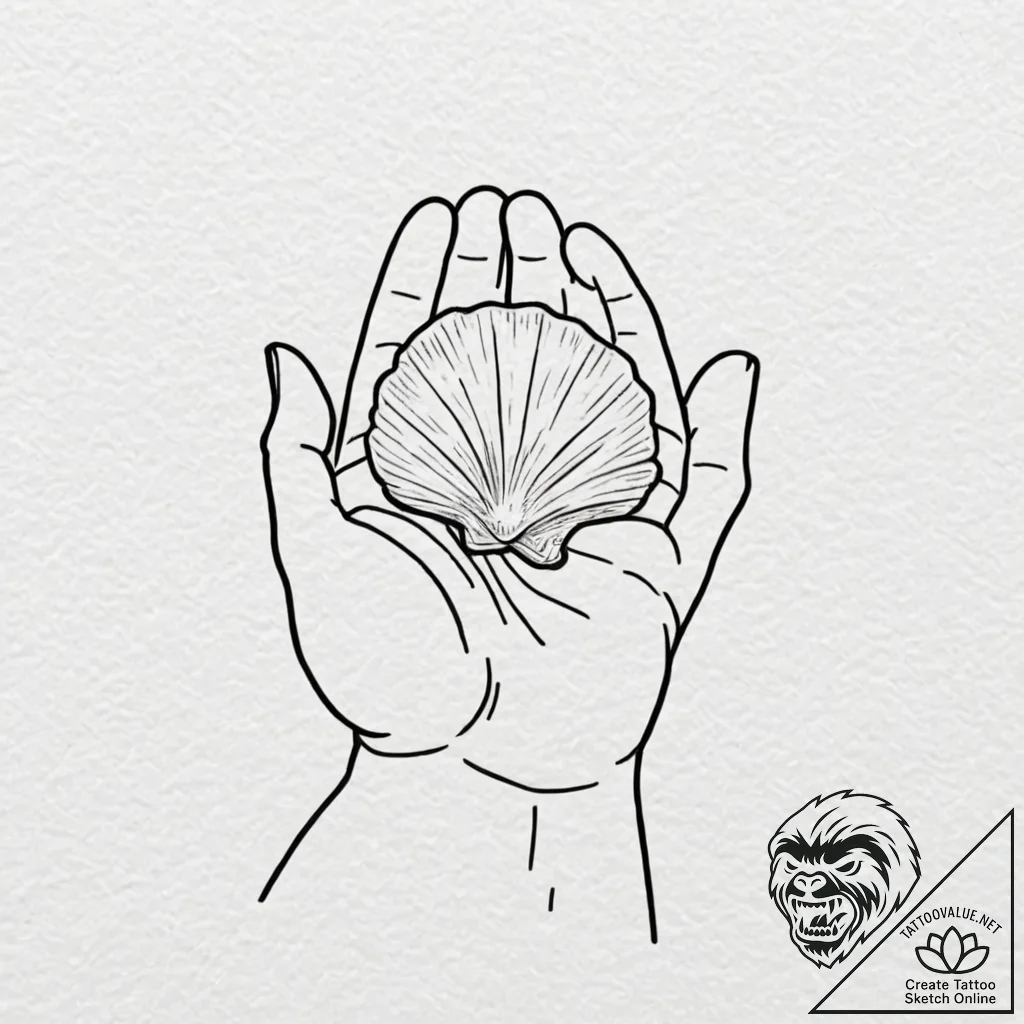A hand holding a delicate, translucent seashe... - tattoo sketch (№1753127497_0, 21.07.2025 19:51) — tattoovalue.net