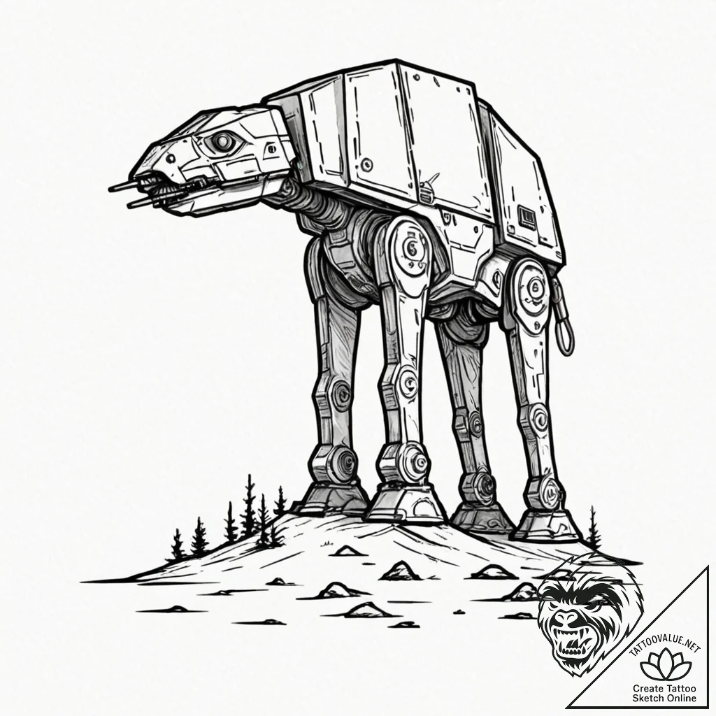 A graphic tattoo of an at-at walker, minimali... - tattoo sketch (№1753132594_0, 21.07.2025 21:16) — tattoovalue.net
