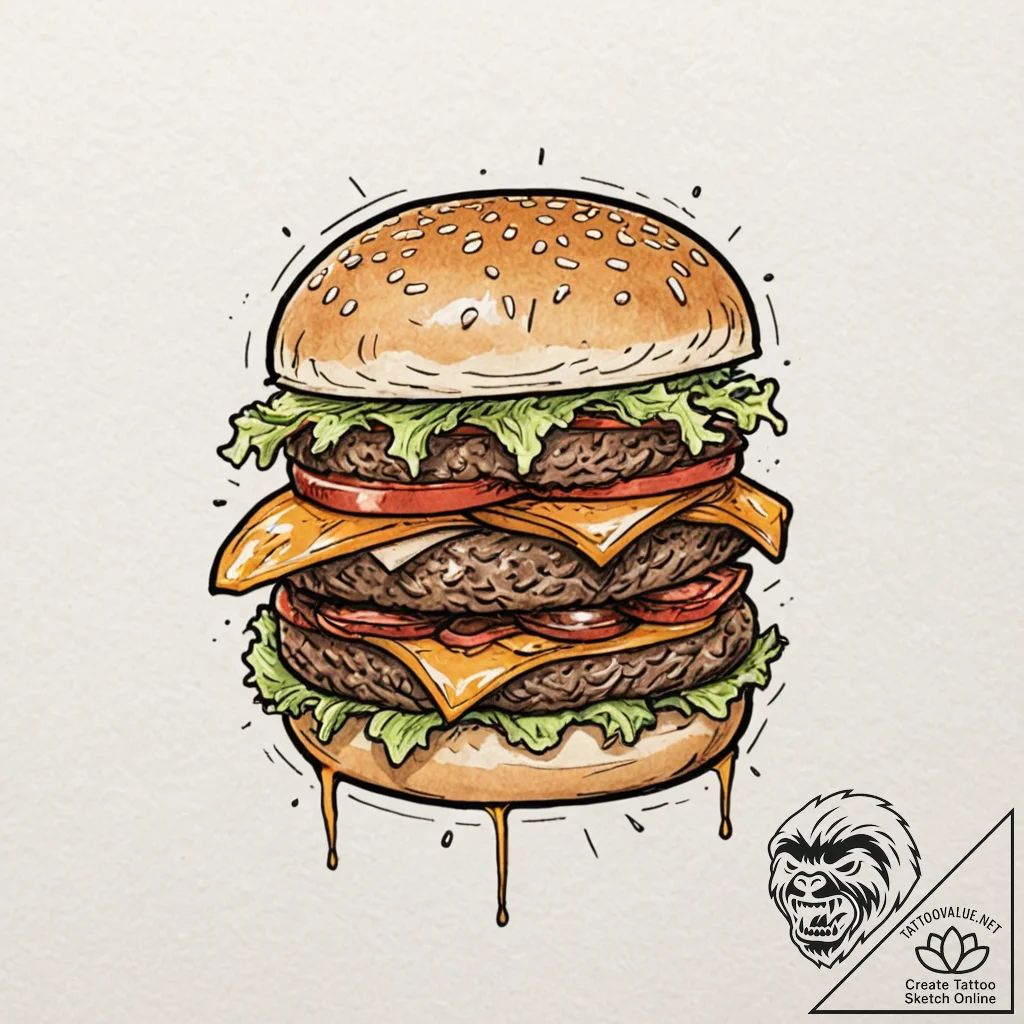 Hamburger, tattoo line art, sepia tone sketch... - tattoo sketch (№1753132765_0, 21.07.2025 21:19) — tattoovalue.net