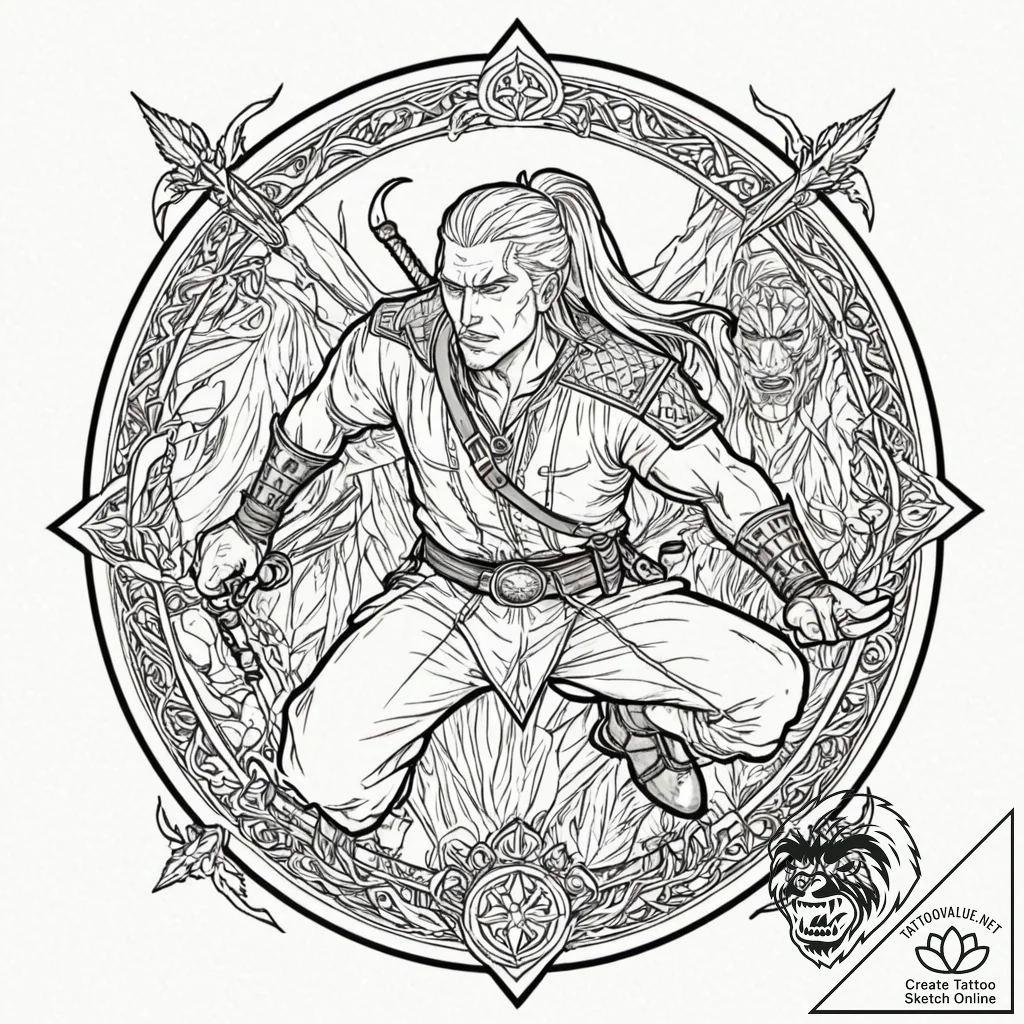 A graphic novel panel of geralt fighting the... - tattoo sketch (№1753134577_0, 21.07.2025 21:49) — tattoovalue.net