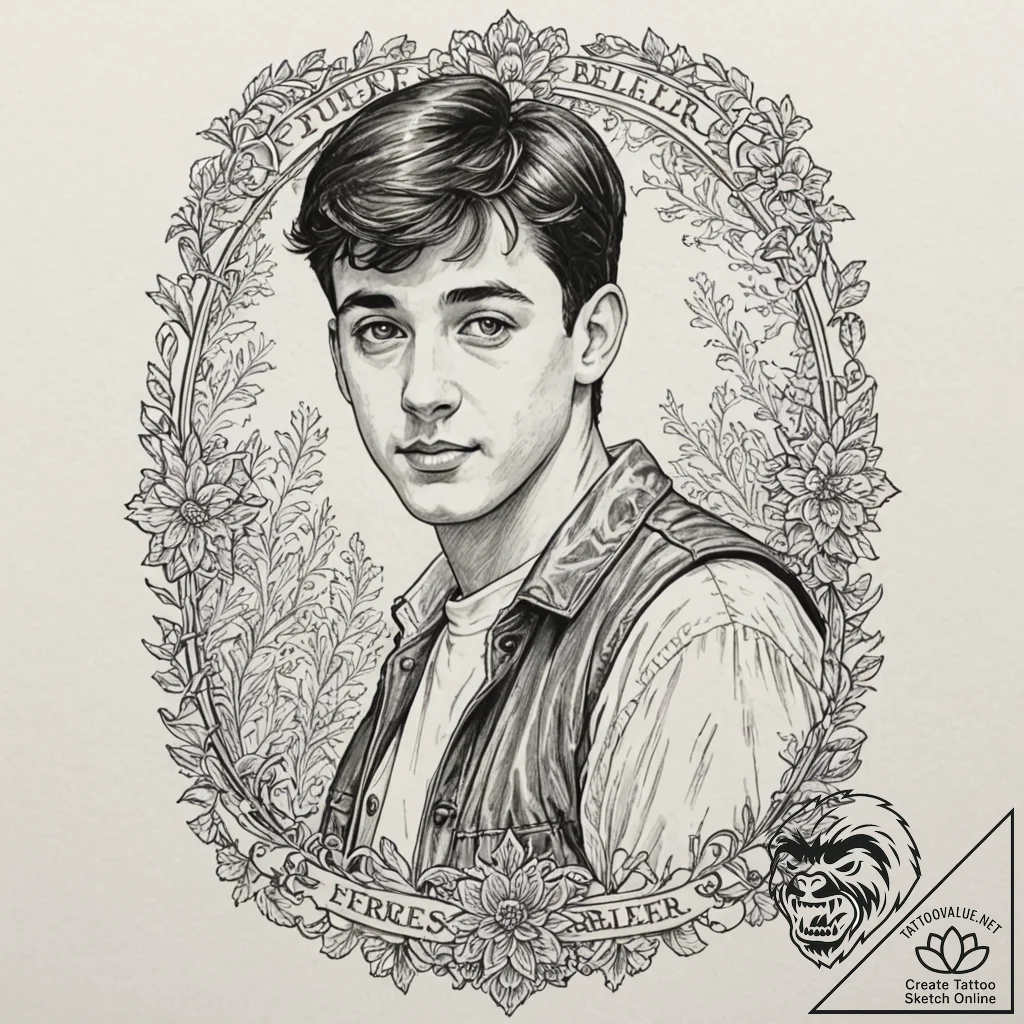 A graphic novel portrait of ferris bueller, f... - tattoo sketch (№1753134893_0, 21.07.2025 21:54) — tattoovalue.net