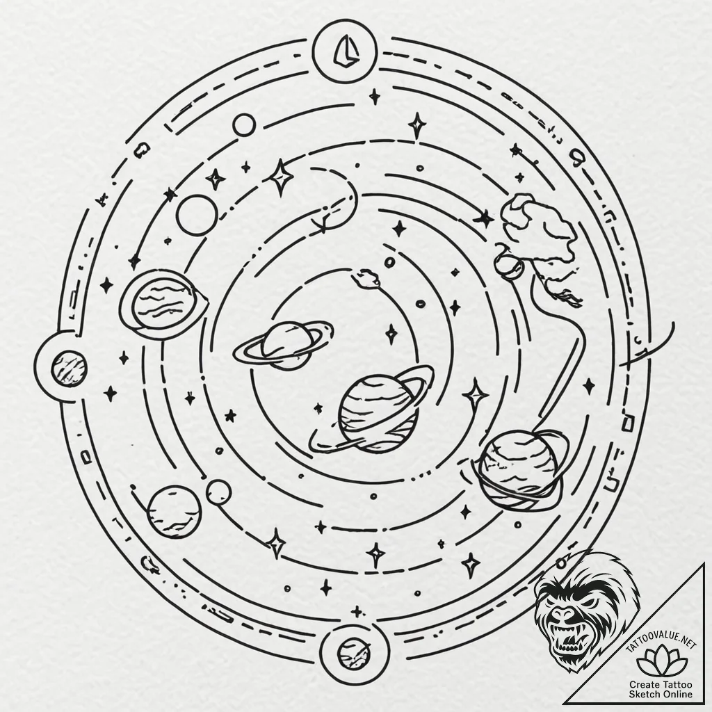 Tattoo sketch a cosmic landscape with the rul... - tattoo sketch (№1753136091_0, 21.07.2025 22:14) — tattoovalue.net