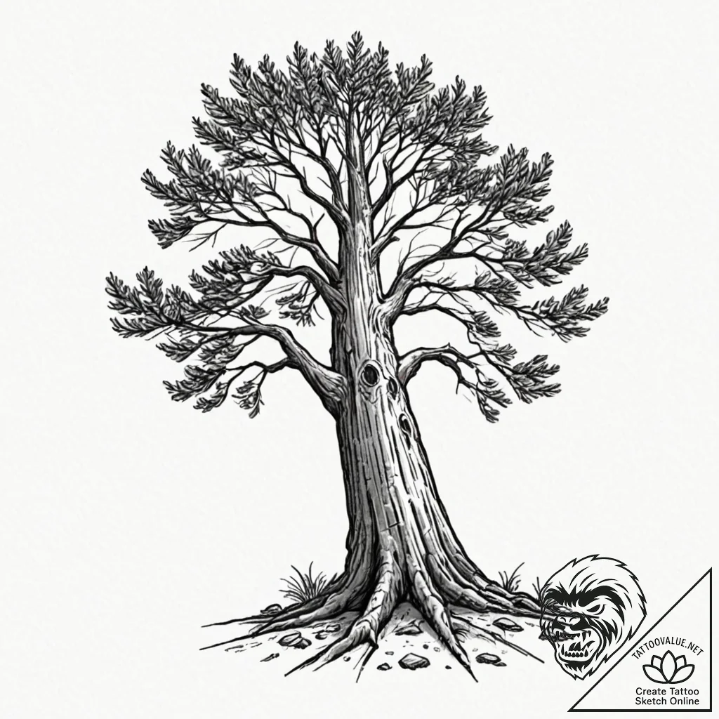 Tattoo sketch a strong, stoic redwood tree, r... - tattoo sketch (№1753136559_0, 21.07.2025 22:22) — tattoovalue.net
