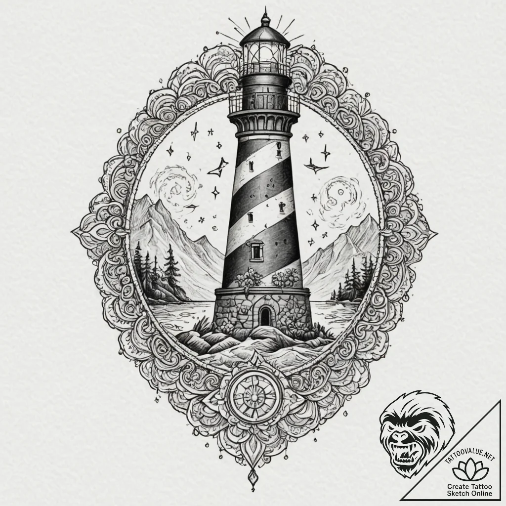 Tattoo sketch a lighthouse lamp, radiating gu... - tattoo sketch (№1753138740_0, 21.07.2025 22:59) — tattoovalue.net