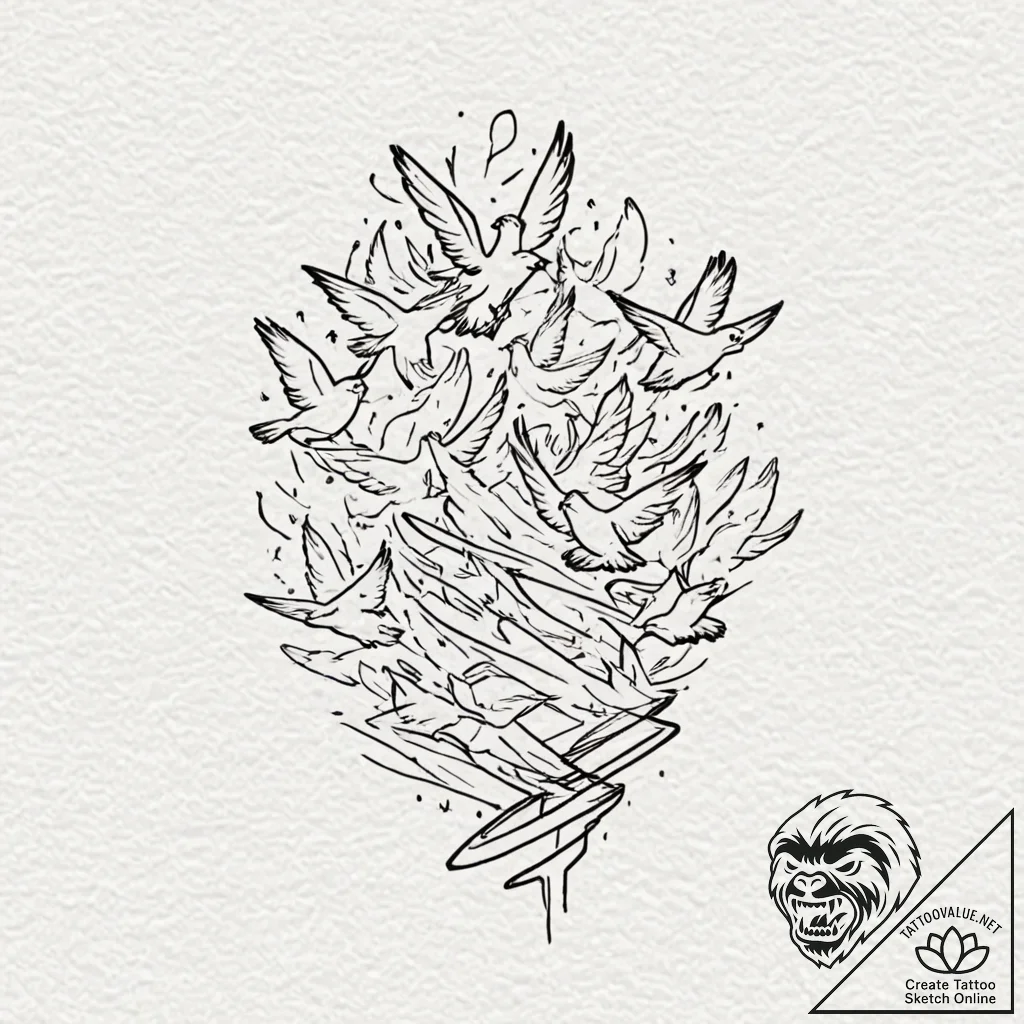 Tattoo sketch a flock of birds flying in form... - tattoo sketch (№1753140964_0, 21.07.2025 23:36) — tattoovalue.net