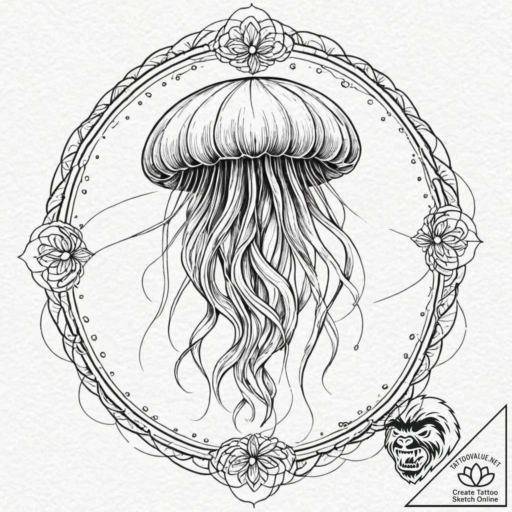 Tattoo sketch a graceful jellyfish, with flow... - tattoo sketch (№1753141901_0, 21.07.2025 23:51) — tattoovalue.net