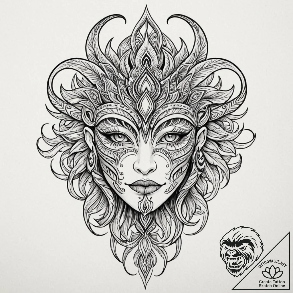 Tattoo sketch a powerful tribal mask with a f... - tattoo sketch (№1753142665_0, 22.07.2025 00:04) — tattoovalue.net