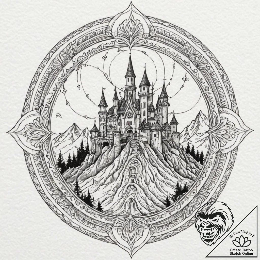 A linework tattoo of the magical moving castl... - tattoo sketch (№1753143262_0, 22.07.2025 00:14) — tattoovalue.net