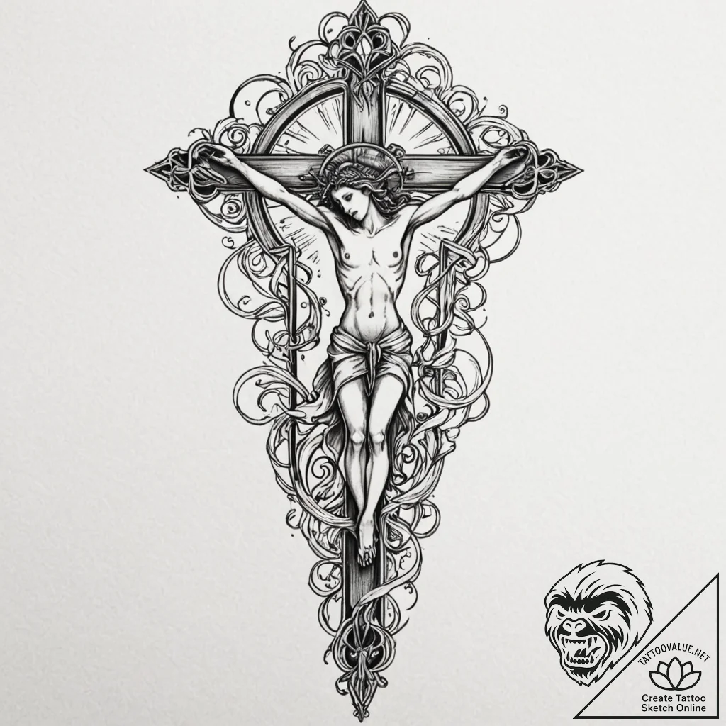 Crucifixion, tattoo line art, on a clean whit... - tattoo sketch (№1753144143_0, 22.07.2025 00:29) — tattoovalue.net