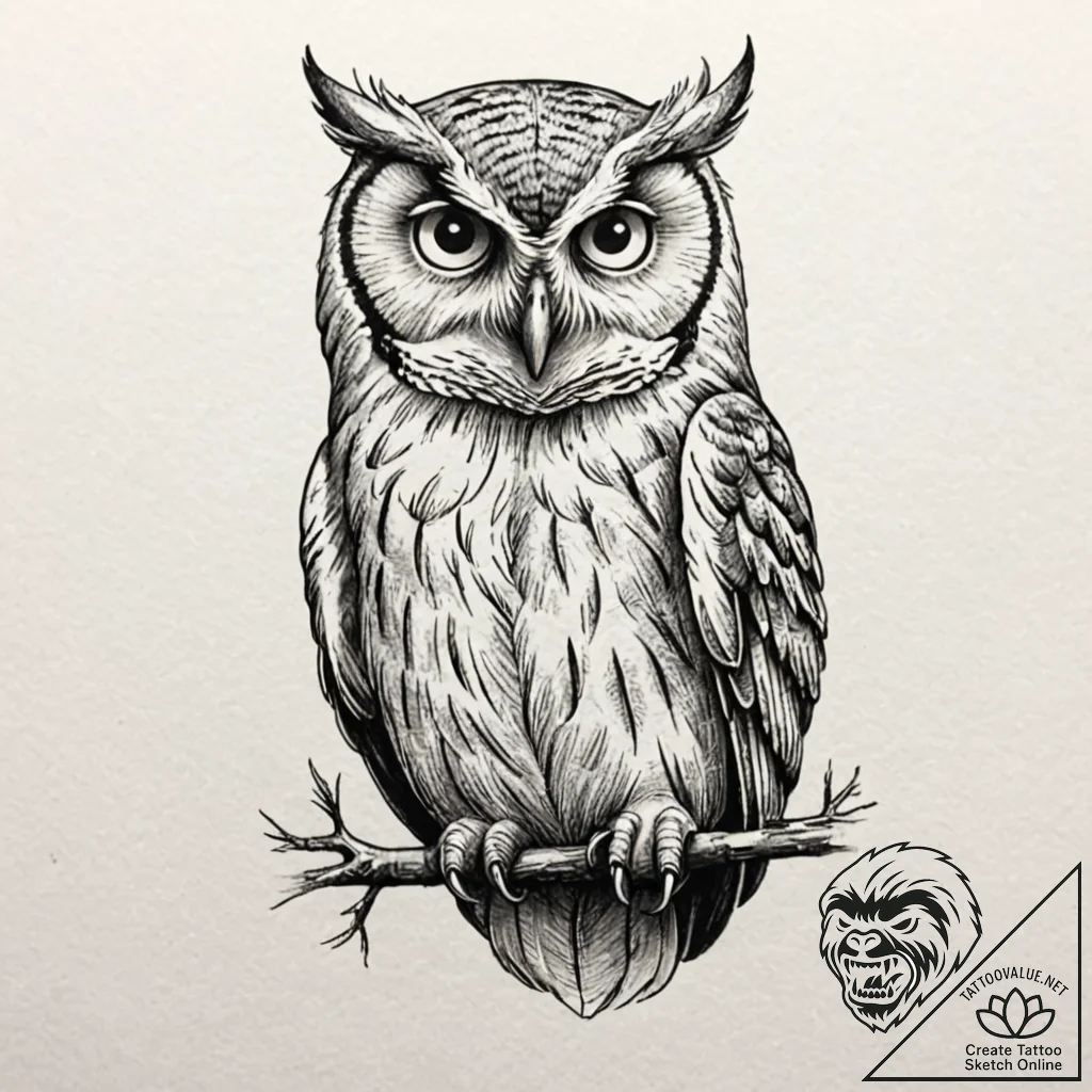Owl, ink illustration for tattoo, black and g... - tattoo sketch (№1753144379_0, 22.07.2025 00:32) — tattoovalue.net