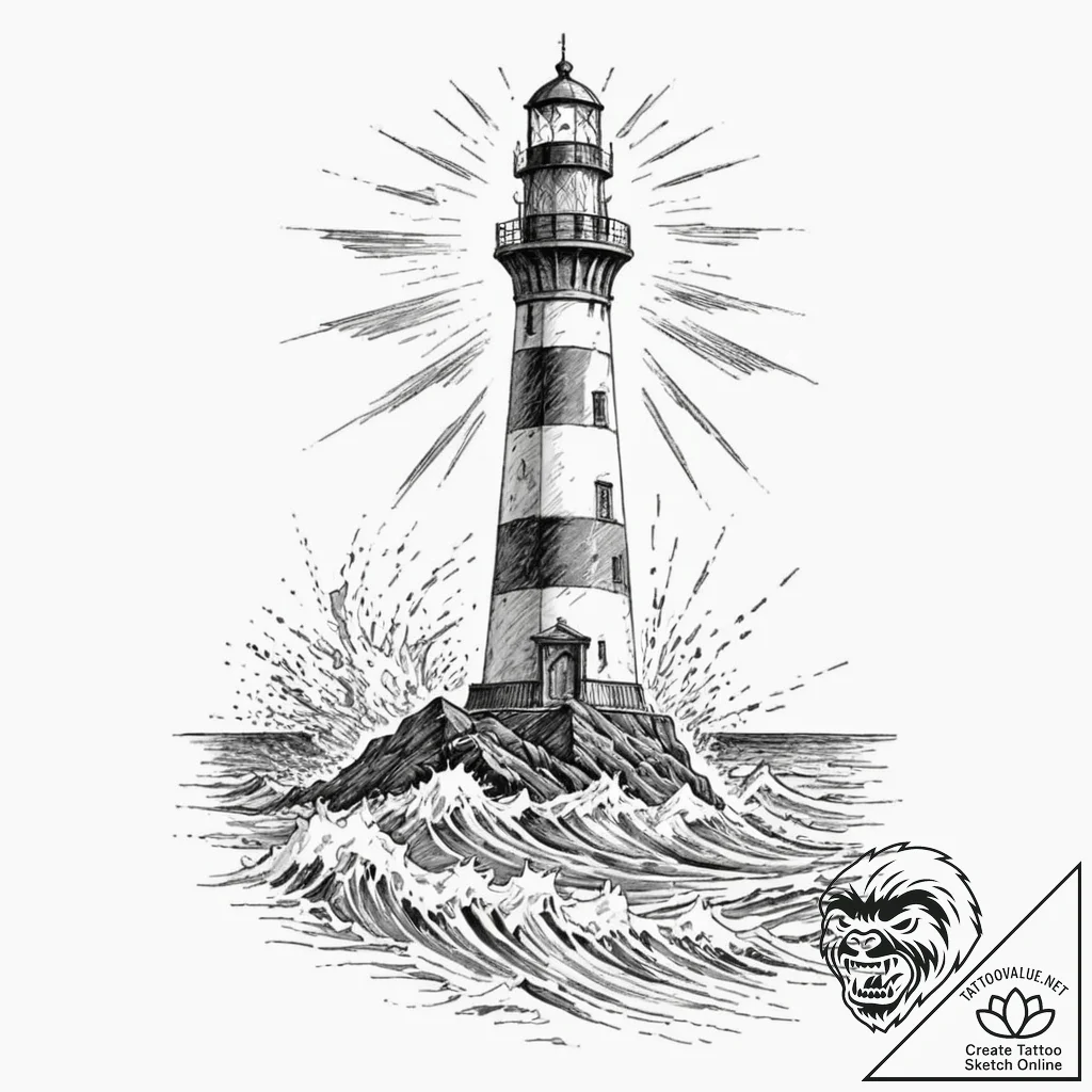 A solitary lighthouse being battered by storm... - tattoo sketch (№1753144465_0, 22.07.2025 00:34) — tattoovalue.net