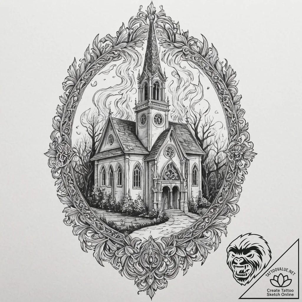 A neo-traditional tattoo of a burning church,... - tattoo sketch (№1753145621_0, 22.07.2025 00:53) — tattoovalue.net