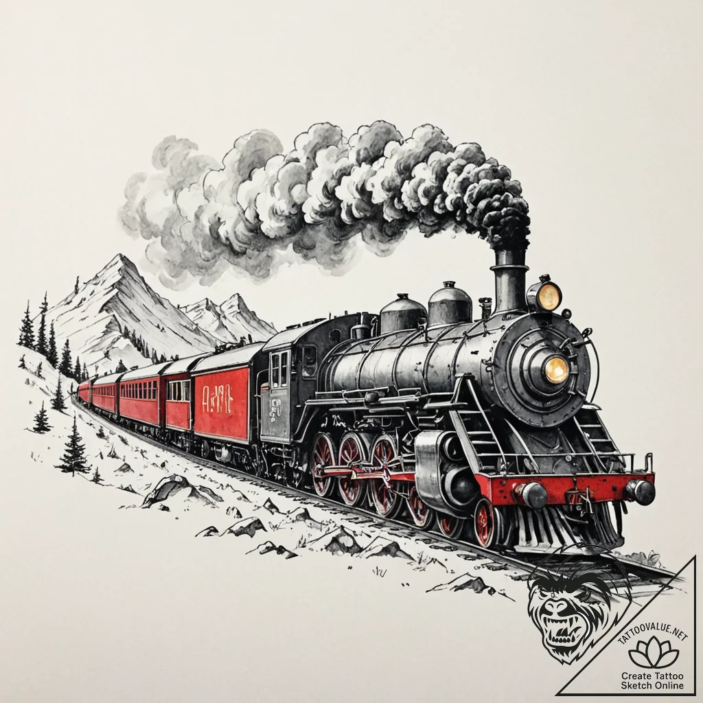 A powerful steam locomotive chugging through... - tattoo sketch (№1753148090_0, 22.07.2025 01:34) — tattoovalue.net
