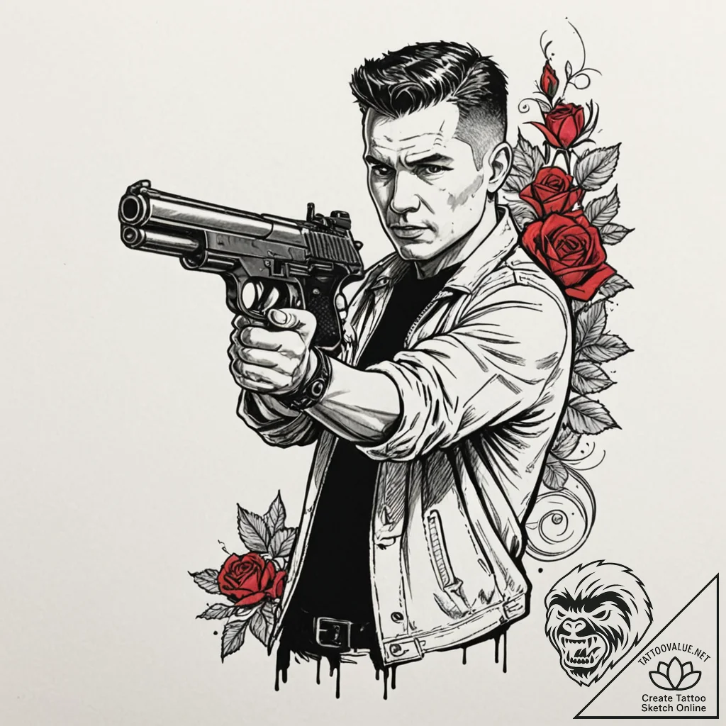 Graphic novel style panel of rick deckard aim... - tattoo sketch (№1753148603_0, 22.07.2025 01:43) — tattoovalue.net