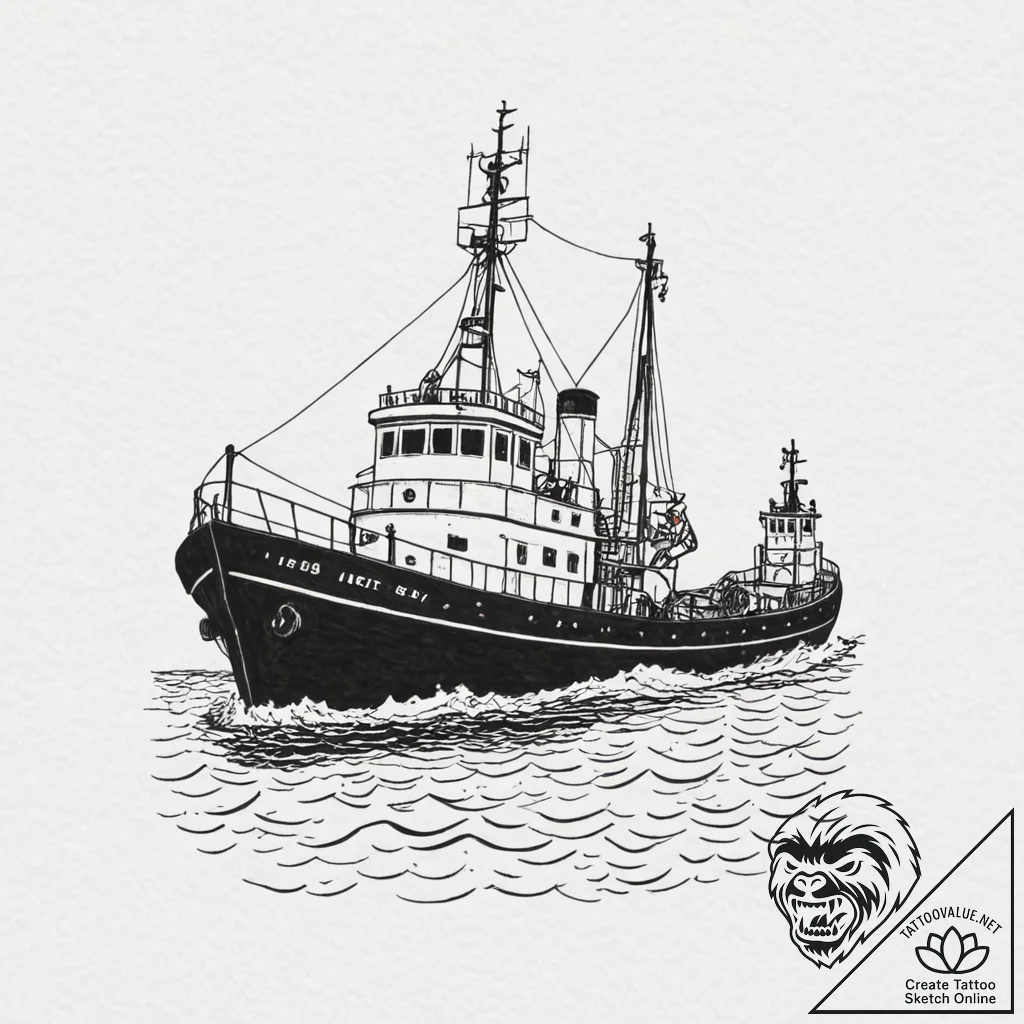 A shot of a tugboat guiding a large ship into... - tattoo sketch (№1753152598_0, 22.07.2025 02:49) — tattoovalue.net