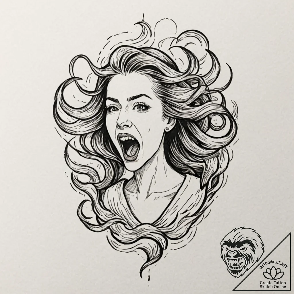 A sketch of a banshee, her scream visualized... - tattoo sketch (№1753153703_0, 22.07.2025 03:08) — tattoovalue.net