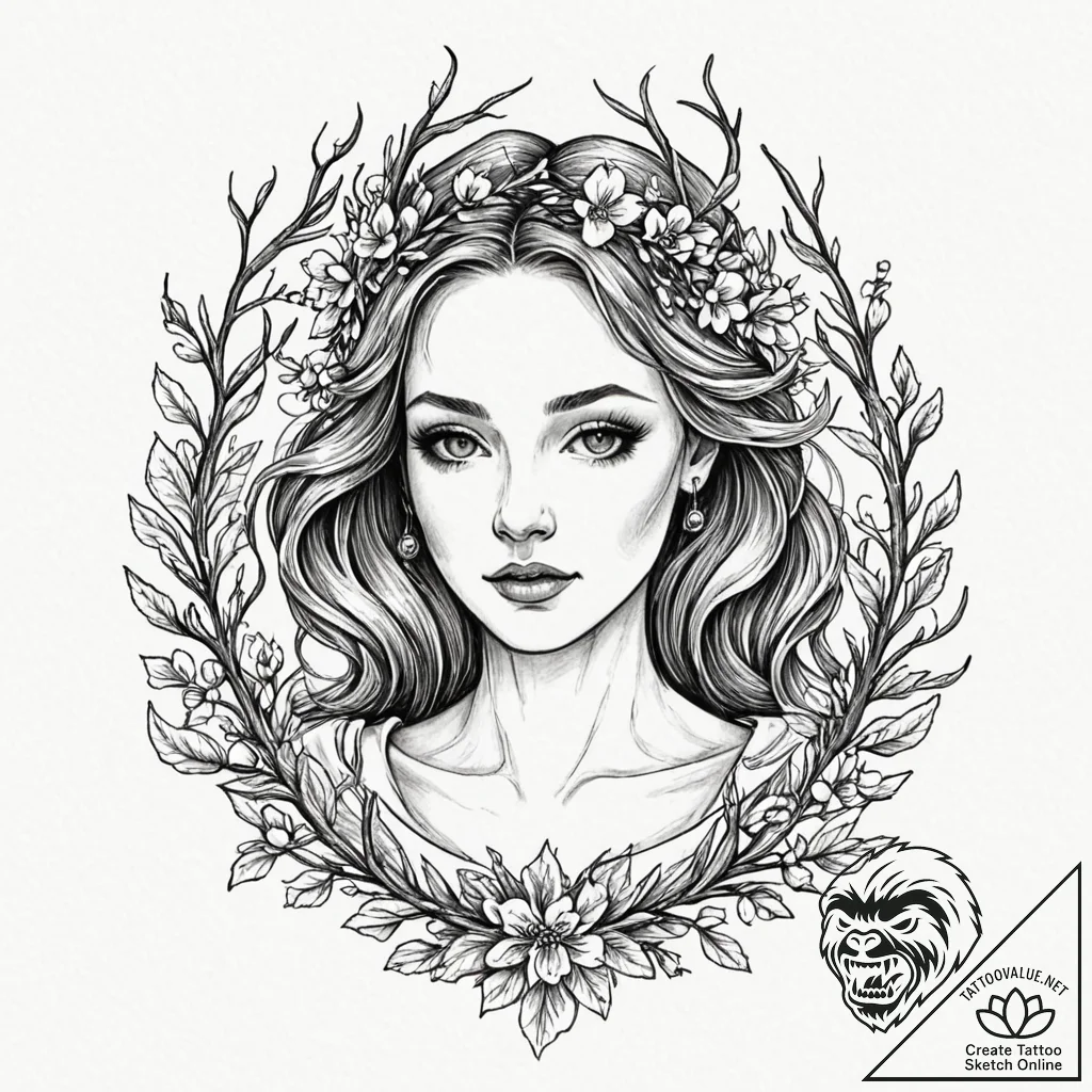 Persephone with a crown of winter branches an... - tattoo sketch (№1753154800_0, 22.07.2025 03:26) — tattoovalue.net