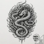Haunted serpent devouring celestial flame, ta… – tattoo sketch (№1753154878_0, 22.07.2025 03:27) — tattoovalue.net