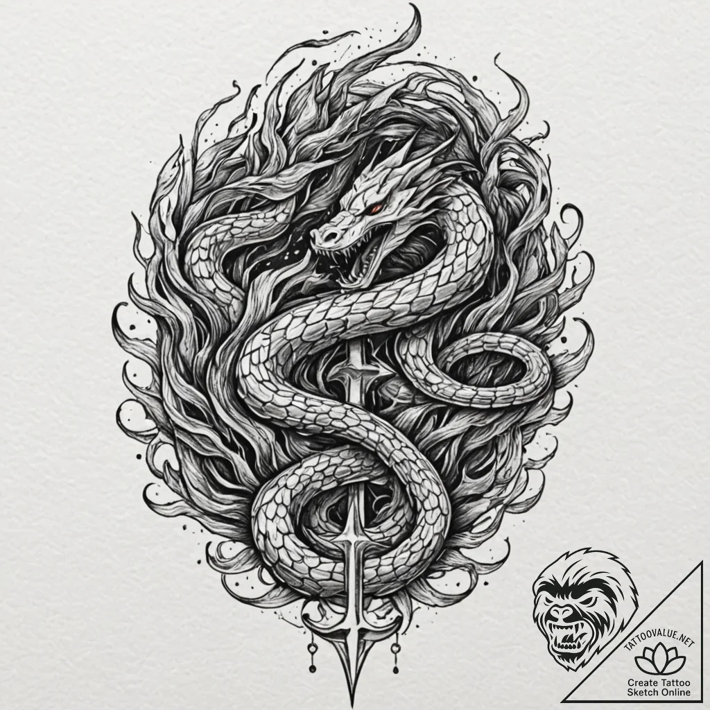 Haunted serpent devouring celestial flame, ta... - tattoo sketch (№1753154878_0, 22.07.2025 03:27) — tattoovalue.net