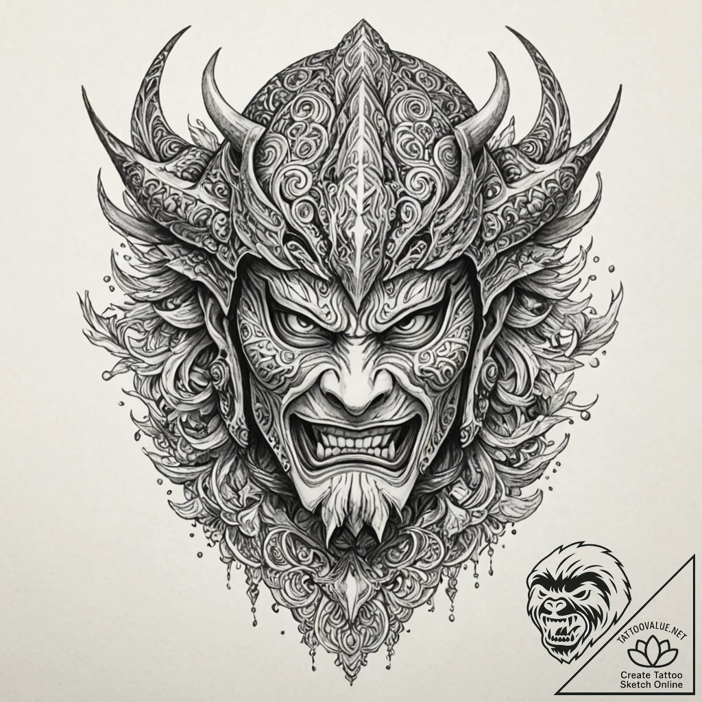 Shogun's war mask (men-yoroi), fearsome and o... - tattoo sketch (№1753155033_0, 22.07.2025 03:30) — tattoovalue.net