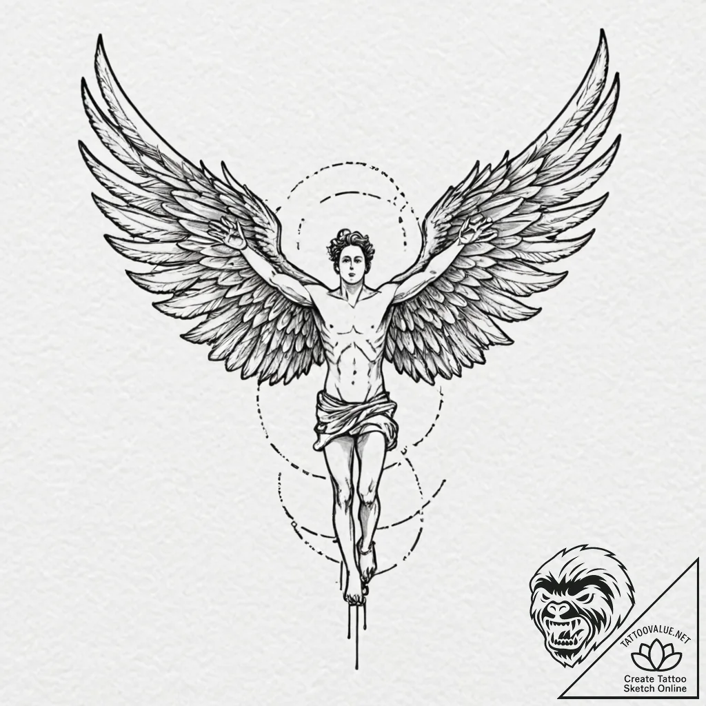Icarus, but his wings are made of burning cir... - tattoo sketch (№1753155111_0, 22.07.2025 03:31) — tattoovalue.net
