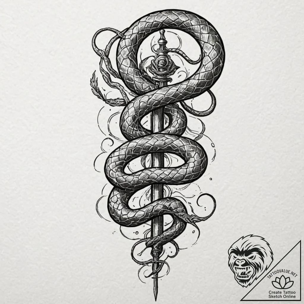 Arcane serpent wrapped around staff, ink illu... - tattoo sketch (№1753155579_0, 22.07.2025 03:39) — tattoovalue.net