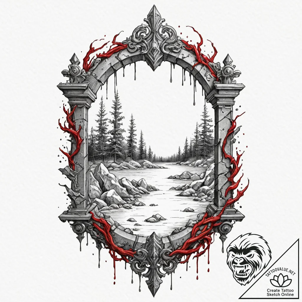 Water glyph beneath shattered gate, tattoo sk... - tattoo sketch (№1753155735_0, 22.07.2025 03:42) — tattoovalue.net